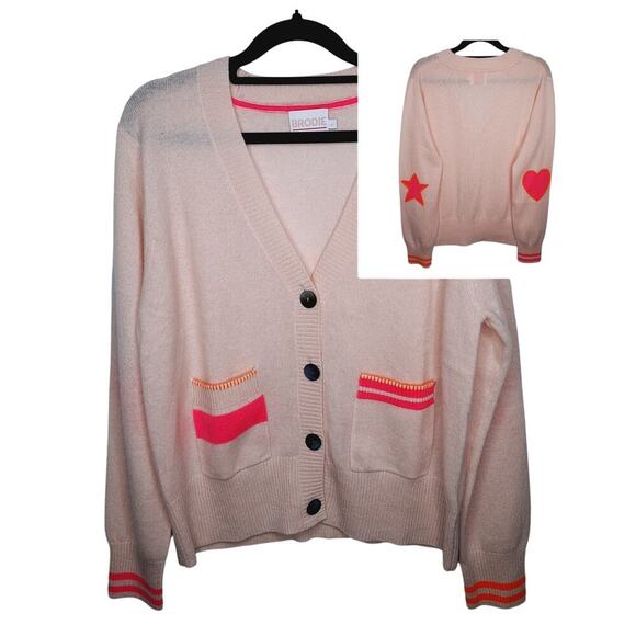 Brodie Elbow Patch Cardigan 100% Cashmere Large Varsity Stripe Preppy Academia - Picture 2 of 16